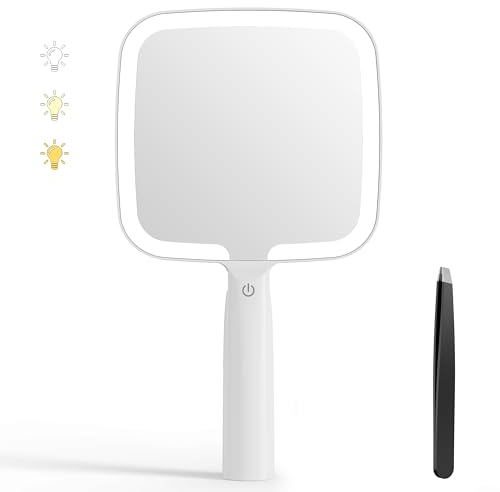 Auxmir Espejo Maquillaje de Mano con Luz LED, Espejo Táctil Ligero Portátil 50 Leds 3 Colores de Luz, Control Táctil, Brillo Regulable para Bolso Viajes con Pinza, Blanco