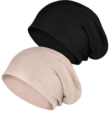 Kieswan 2 Pack Beanie Herren Mütze Damen, Baumwolle Slouch Dünne Mütze Unisex, Elastische Laufmütze Chemo Mütze für Warme Herbst Winter(Schwarz, Khaki)