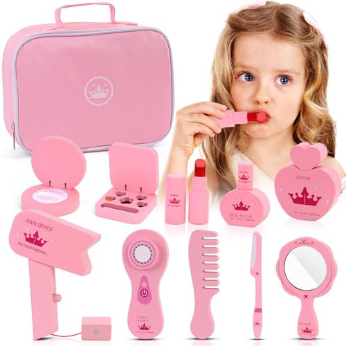 POFIBO Holzschminke Spielset, 11-teiliges Kinder schminkkoffer für Mädchen, Holzspielzeug zum Schminken für 3-7 Jahre alte Kinder, ideales Geburtstags