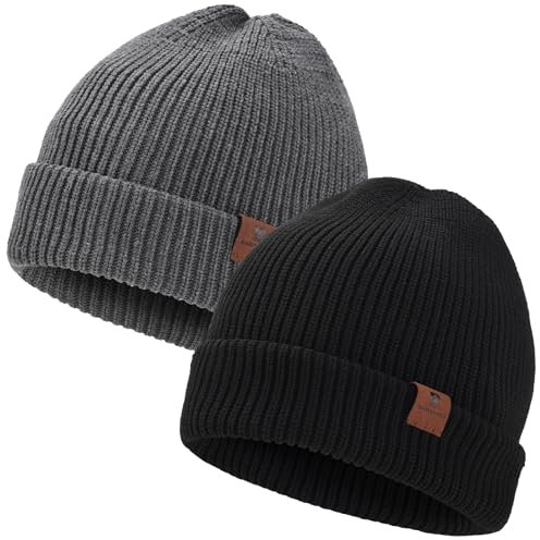 BARFULKER Winter Beanie Mütze Herren Damen Warm Gefüttert Wintermützen Thermo Strickmütze Laufmützen Dehnbare Weiche Wollmütze Unisex Hat,2 Stück,Schwarz Grau