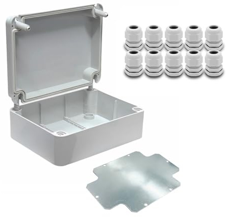 ARLI Abzweigdose IP67 190x145x80 mm mit Deckel + Montageplatte + 10x Kabelverschraubung M25 Feuchtraumdose Elektrogehäuse RAL7035 Grau Halogenfrei Aufputzdose
