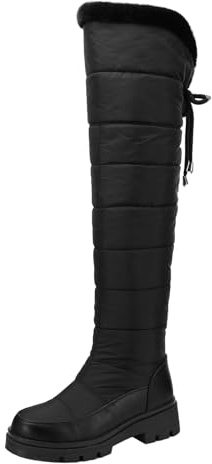 Generisch Overknee-Stiefel mit flachem Absatz gefütterte warme Damen Winterstiefel für Outdoor Aktivitäten Freizeit (Black, 42)