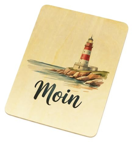 speecheese Postkarte aus Holz - Leuchtturm Moin Perfekt als maritimes | Seemanns-Andenken oder Urlaubsgruß