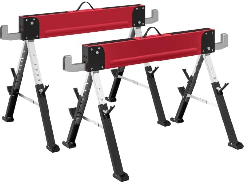 HOMCOM Arbeitsbock Gerüstbock 2er Set Höhenverstellbar 64-81 cm Rot | Belastbarkeit Bis 1160 kg, Klappbar, Sägebock, Metall, Unterstellbock Mit Griff, 7-Fach, Arbeitshöhe 640-810 mm