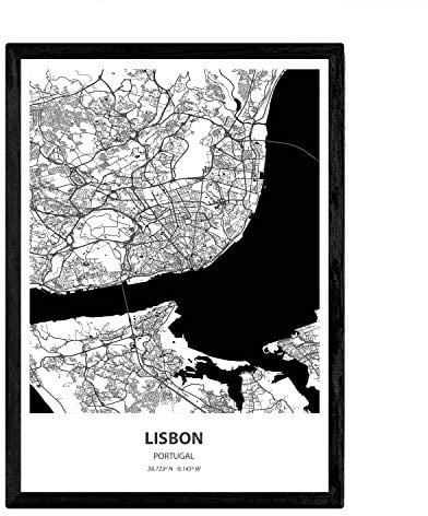 Nacnic Poster mit Karte von Lissabon - Portugal. Blätter von Städte in Spanien mit Meeren und Flüssen in schwarz und weiß. A3