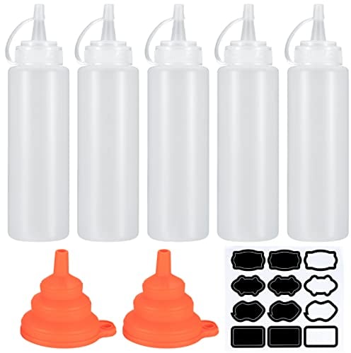 Zhujiehigh 5 Pcs Squeeze Condiment Bottles, Plastic Sauce Seasoning Bottles Dispensers, 8 oz Squeezy Squirt Bottle for Ketchup Mustard Hot Sauces Oil with Funnel, Sticker Lable - White