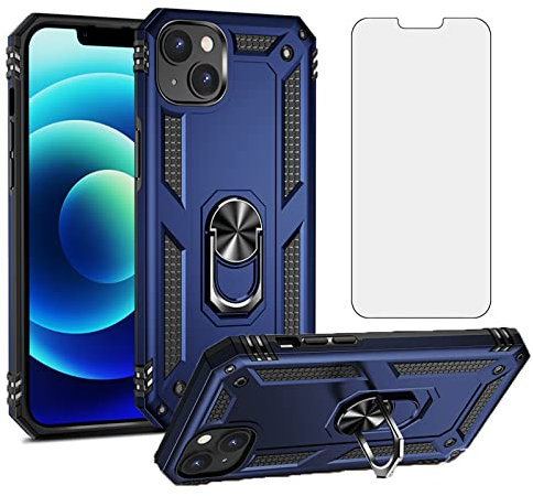 Compatible with iPhone 14 Plus 6.7 inch Case with Tempered Glass Screen Protector and Ring Holder Stand Magnetic Phone Cover for i-Phone 14+ iPhone14Plus 5G i i14 + iPhone14 14Plus Women Men Blue