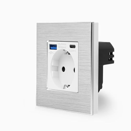 Luxus-Time Schuko Einbau Steckdose + USB 2-fach Typ A/C Netzteil Ladegerät 20W Mehrfachstecker UP Ladestecker Silber Weiß mit Alurahmen MP010U-BA1-11