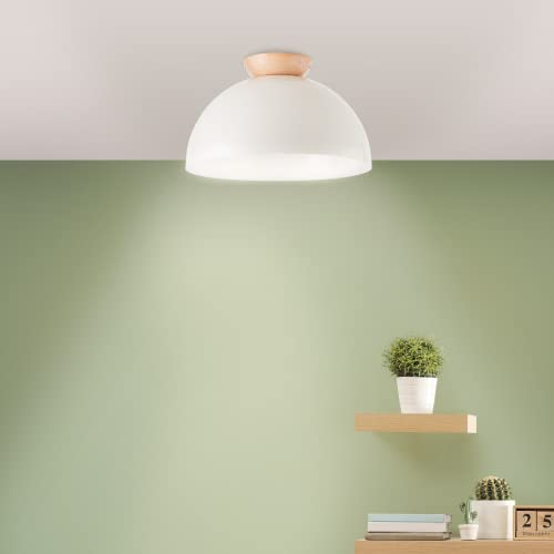 Lightbox Pilz Deckenlampe im Nature Stil | 21 cm Höhe & 35 cm Durchmesser | Deko Deckenleuchte mit Basis aus Holz | E27 Fassung | Küchen-Lampe aus Metall/Holz in Hell-Braun/Grau