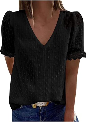 2023 Camiseta Manga Corta Mujer, Verano Moda Color sólido Blusa Camisa Cuello en V Encaje Basica Camiseta Suelto Tops Casual Fiesta Elegante Cómodo T-Shirt Original tee
