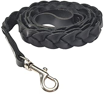 VlaMitex D1 Hundeleine Freihandleine Leder Führleine Hunde-Führleine Fettlederleine Elchlederleine Schleppleine Geflocheten 6 Farben (Schwarz, 150 cm - D1-15-1)