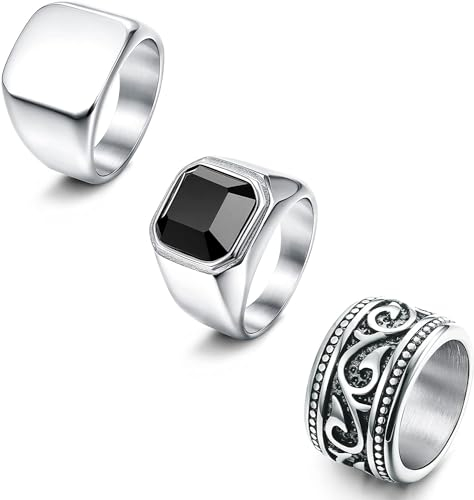 Dochais 3 Stück Edelstahl Ringe Set für Herren - Silber Vintage Ring, Schwarz Onyx Siegelring, Gothic Biker Schmuck - Gravur Geschenk für Papa Vater