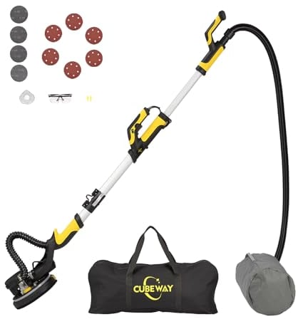 CUBEWAY Trockenbauschleifer, 750W Wandschleifer mit Automatischem Vakuumsystem und Ø 214mm Schleifgiraffe inkl Absaugbeutel LED-Licht, 7-Gang Getriebe, 900-1800RPM Deckenschleifer, Faltbarem Griff