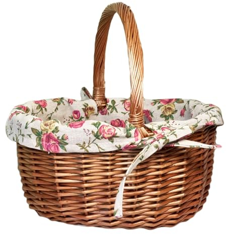 Wicker Shopping Basket 31cm Pink Rose Liner Oval Double Steamed Willow Carry Shopper