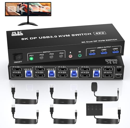 8K@60Hz Displayport KVM Switch 4 PC 2 Monitore 4K@120Hz DP1.4 KVM-Switches mit 3 USB Anschlüssen und Audio-Mikrofon-Ausgang für 4 Computer mit gemeinsamem Dual-Monitor, Tastatur, Maus