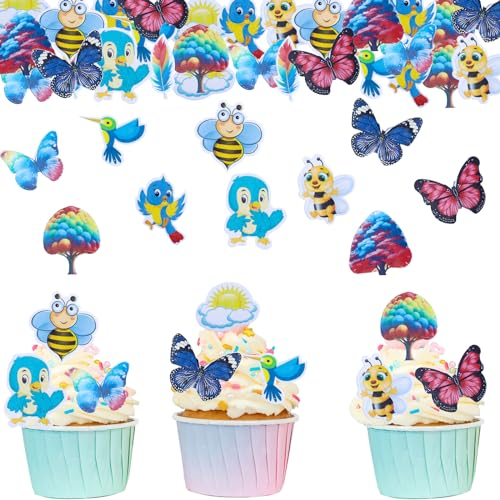 ALEGRE 72 Stück Essbare Tortendeko Schmetterlinge Deko Kuchen,Hawaii Tortendeko Essbar Biene Cupcake Toppers,Essbare Wald Deko für Torte,Esspapier Tortendeko Baum Muffin Deko für Geburtstag Hochzeit