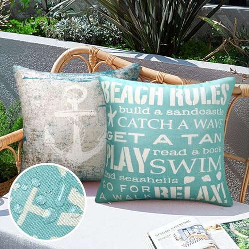 2Er-Set Dekorativ Kissenbezug 40X40cm Leinen Kissenbezüge Blau Anker Meereslebewesen Outdoor Kissen Wetterfest Dekokissen Kissenhülle für Sofa Auto Schlafzimmer Zuhause Dekor