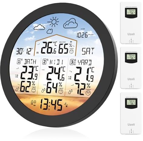 Uzoli Stazione meteo con 3 sensori esterni, Display grande 6,5, Orologio radiocontrollato, Previsioni meteo, Termometro Igrometro interno esterno, Rischio muffa e Livello di comfort - EM3567