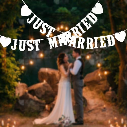 FUIPVGI 2 STÜCKE Just Married Girlande Frisch Verheiratet Banner Hochzeitsgirlande Deko Weiß Vintage Dekoration für Hochzeit Brautdusche Just Married Banner Poster Foto Photo Booth Fotografie (Weiß)