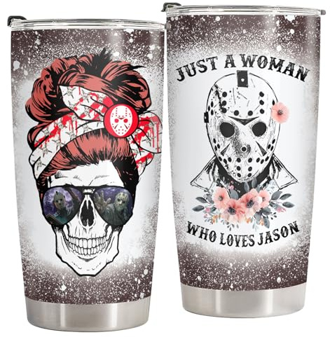 fat mummy Halloween Gifts for Horror Fans, Just A Woman Who Loves Jason Tumbler Stainless Steel 20 oz, Friday Movie Mug, Birthday Gifts for Movie Lovers