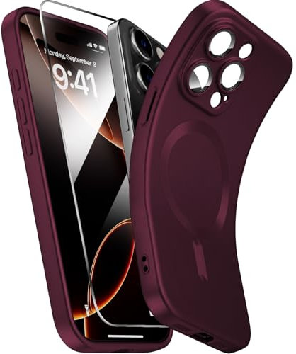 X-level für iPhone 15 Pro Hülle, Kompatibel mit MagSafe, 1 Handyhülle iPhone 15 Pro Case und 1 Schutzfolie, Kameraschutz Vollständiger, Stoßfest Dünn Weiche Kratzfest Matt Schutzhülle, Weinrot