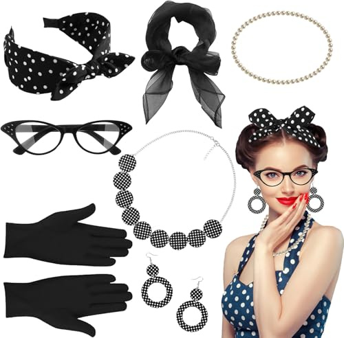Rosedreamer Rockabilly Accessoires Damen 50er Jahre 9 Stück Kostüm Damen Zubehör 1950s Set mit Ohrringe, Chiffon, Schal, Brille, Stirnband, Handschuhe 50er Jahre Outfit Damen für Karneval Retro