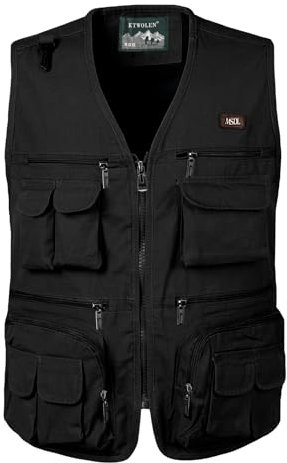 KTWOLEN Herren Angelwesten Sommer Outdoor Weste mit Vielen Taschen Fotografie Anglerweste Arbeitsweste Safari Weste Jagd und Fischer Weste, Schwarz, L