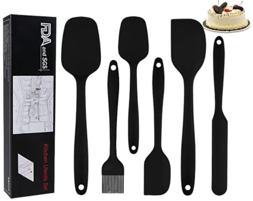 6 PCS High Heat Resistant Non-Stick Rubber Spatulas Set,High Heat-Resistant Premium BPA-Free One Piece Seamless Design, Food Grade Baking Spatulas Kitchen Utensils for Baking, Cooking(Black)