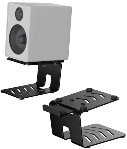 suptek 1 Pair of Desktop Speaker Stands with Vibration Absorption Pads, Metal Speaker Stands Pair Support Up to 22lbs Each, Desk Audio Stand for Bookshelf (8.9 x 5.5 x 4.8 inch), SDM002EMB