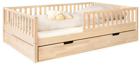 Ehrenkind® Kinderbett Buche Livo | FSC Zertifiziert | Kinderbett mit Rausfallschutz | Massivholz inkl. Lattenrost | 120x200 cm Natur mit Bettkasten | Bett 90x200 | Inkl. Rausfallschutz