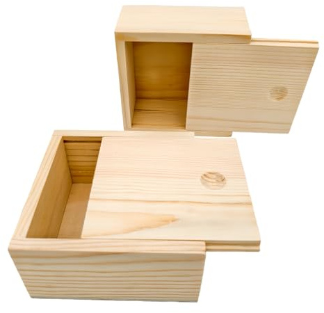 Anktily 2er-Set Aufbewahrungsboxen aus Holz, 10 x 10 x 5 cm, mit Schiebedeckel unlackiert - Für Schmuck, Basteln und Deko