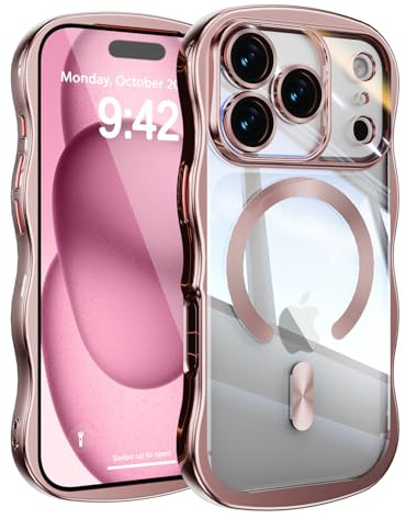 UEEBAI for iPhone 17 Pro Max Case, Cute Wave Translucent Frame Magnetic Phone Case Compatible with Magsafe Full Camera Protection Cover Soft Electroplated Phone Cover for Women Girls - Pink