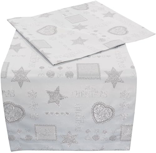 Hossner Tischläufer Weihnachten Tischdecke Landhaus Silber Bestickt Tischwäsche Tischdekoration Stoff Waschbar (50 x 150 cm)