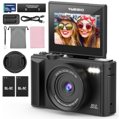 DIGIERA 5K Digital Camera 80MP UHD, Detachable Anti-Shake Vlogging WIFI Camera, 18X Zoom Autofocus 3.0'' IPS Screen, Compact Portable Camera for Teens Beginners, 32GB SD Card Included,Black