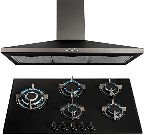 SIA Black 90cm 5 Burner Gas On Glass Hob And Chimney Cooker Hood Extractor Fan