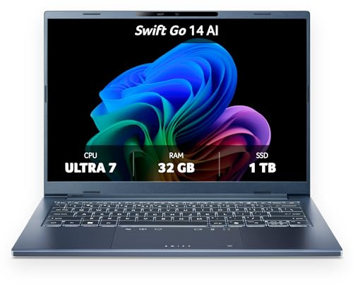 Acer Swift Go 14 AI OLED | Copilot+ PC Laptop | Core Ultra 7 | 32GB/1TB | 14 WUXGA OLED | Core Ultra 7 258V | Arc 140V | 32GB RAM | 1TB SSD | Windows 11 Home