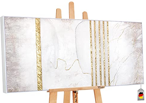 YS-Art Abstrakt Acryl Gemälde auf Leinwand mit Rahmen Goldener Marmor handgemalt Wandbilder Wohnzimmer modern Wohndekor Bilder Büro echte Kunst 140x70 cm