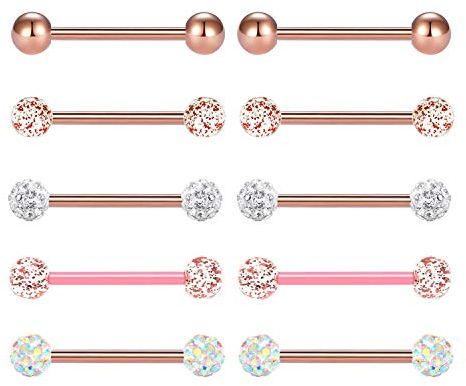 Cupimatch 5 Paar Nippel Barbells Zungenpiercing Brustwarzenpiercing Edelstahl Barbell Körper Piercing Schmuck Ringe Zirkonia Nipplerings 14 Gauge rosegold