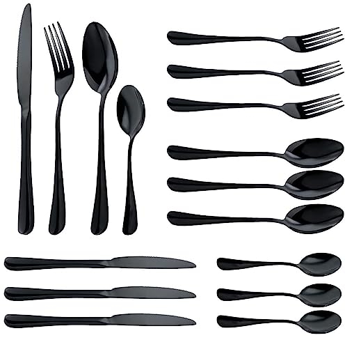 Black Cutlery Sets, 16 Piece Mixed Knives and Forks Set Reusable Tableware, Kitchen Stainless Steel Dinner Knife, Fork and Spoon for 4