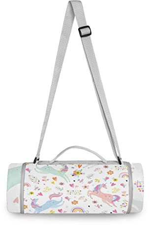 Blume Rosa Einhorn Süß Picknickdecke wasserdicht Kreative Runde Picknick-Matte Kampierende Strand Yoga Decken Matten im Freien Faltbar Leicht Matte Decke mit Tragegriff(148cm x 148cm)