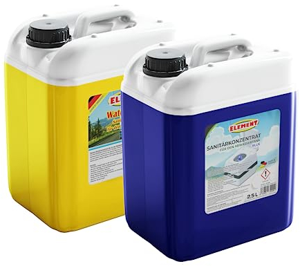 Sanitärflüssigkeit für Campingtoiletten I Sanitärkonzentrat I Set 2 x 2,5 Liter I BLUE & Spülwasssertank Water Rinse I Frisch- und Abwassertank I Chemietoiletten Zusatz I Camping WC I Abwassertank