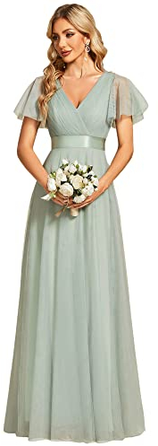 Ever-Pretty Robe de Demoiselle d'honneur Soirée Bal Col en V Manches Courtes A-Line Taille Empire Longue Tulle Femme Vert Menthe 42