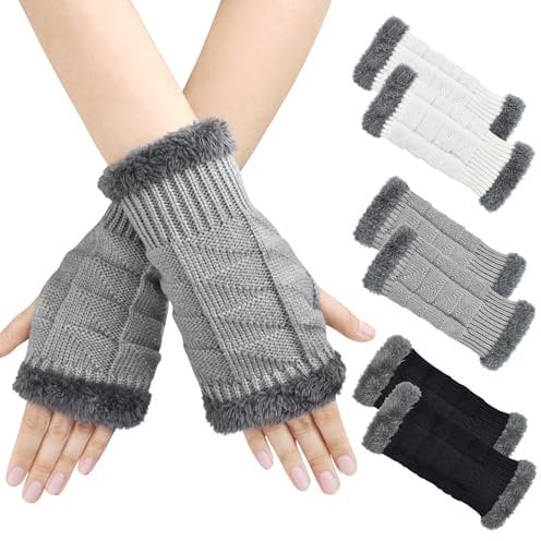 beifon 3 Parr Fingerlose Handschuhe Damen Winter Warme Armstulpen Winterhandschuhe Unisex Strickhandschuhe Ohne Finger mit Fleece Futter Halb Fingerhandschuh Pulswärmer Handstulpen für Radfahren