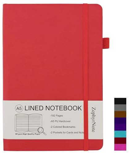 ZephyrNote Notizbuch A5 Liniert Hardcover,Premium 80 GSM Papier,Journal Buch mit 192 Seiten, Innentasche, Stiftschlaufe, elastischer Riemen, Kunstlederbezug, 14.5 x 21.3 cm (Rot)