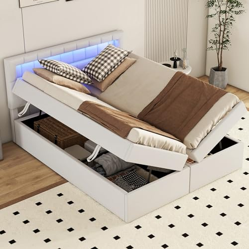 Kehun Boxspringbett Doppelbett 140×200 cm mit LED-Kopfteil, Polsterbett mit Stauraum, Bett Bettgestell mit Lattenrost aus Holz, Leinen, Weiß, Ohne Matratze