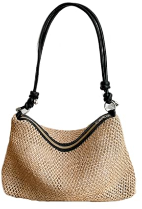 Qurlon Sac fourre-tout d'été tissé à la main pour femme - Grande capacité - Sac fourre-tout en paille tissée, noir