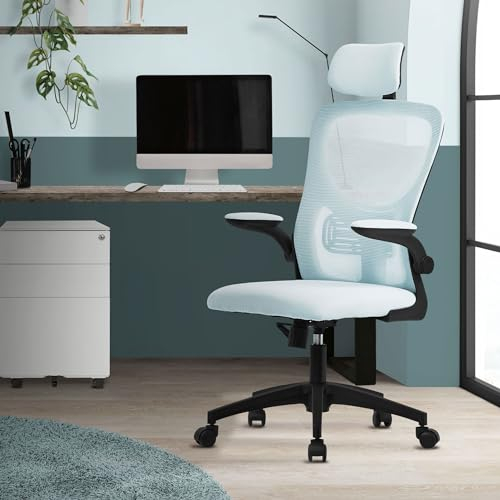 ML-Design Bürostuhl ergonomisch, Blau aus Mesh, Schreibtischstuhl mit Verstellbarer Kopfstütze, Armlehnen, Lendenwirbelstütze, Wippfunktion, Drehstuhl mit Rollen, Computerstuhl Chefsessel Gaming Stuhl