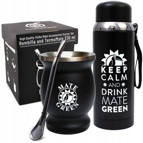 Gaucho Cebar Kit d'accessoires pour thé Yerba Maté | Gobelet isotherme à double paroi en acier inoxydable noir – Bouteille isotherme noire – Paille Bombilla