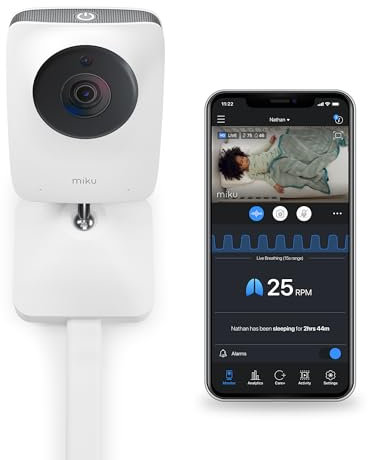 Miku Monitor inteligente de bebé actualizado, cámara y soporte de pared, respiración en tiempo real y seguimiento del sueño, sin contacto, alertas instantáneas, análisis del sueño para recién nacidos