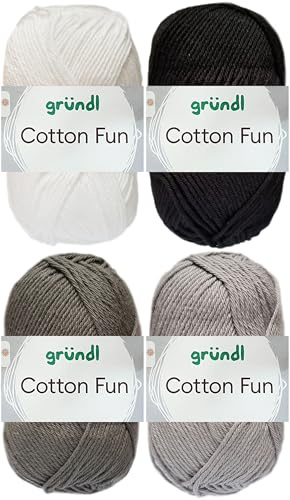 4x50 Gramm Gründl Cotton Fun Häkelgarn aus 100% Baumwolle inkl. Anleitung für Einkaufsnetz Bunt Mix Set (Set 1 (Schwarz Weiss Mix))
